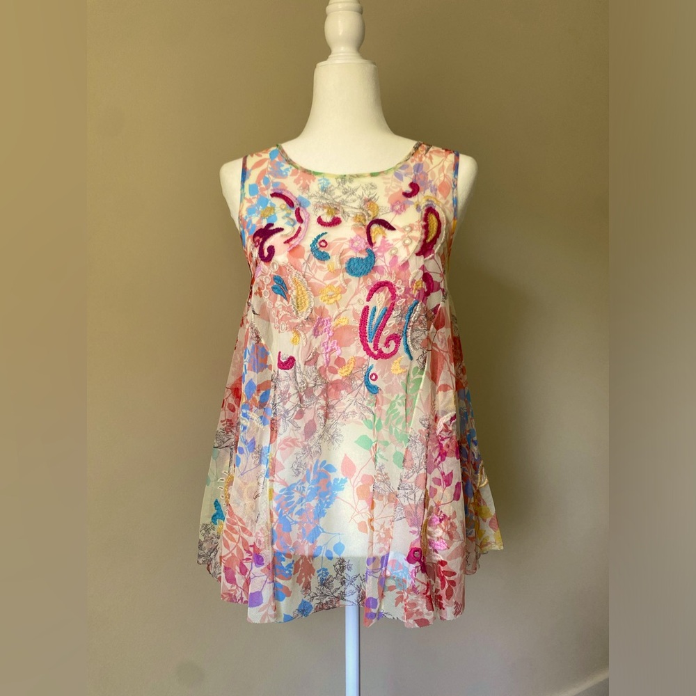 Johnny Was Biya Mazzy Flared Tank - embroidered mesh tank